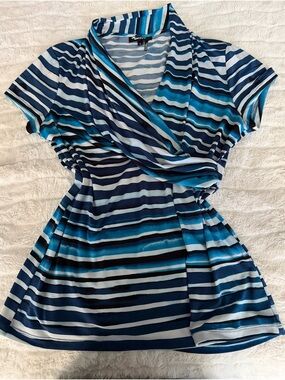 DKNY Navy, Aqua & White Striped Wrap-Style Top